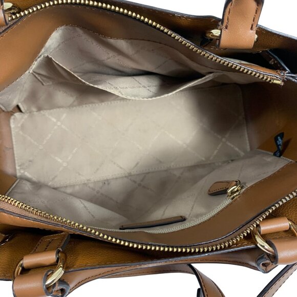 Michael Kors Reed Large Belted Satchel Bag Purse Brown MK Signature Logo FLAW - Picture 10 of 16